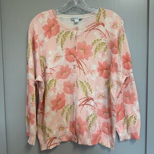 Pendleton Sweater Women Size Large Silk Blend Pink Peach Floral‎ Print Cardigan